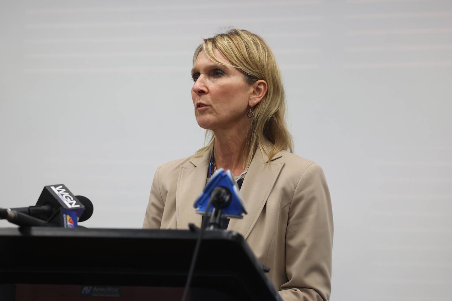 Elizabeth Bilotta, Assistant Executive Director at Will County Health Department, speaks at the Tri-County Stockdale fire press conference in Shorewood. Wednesday, July 20, 2022 in Shorewood