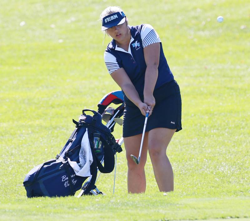 Bureau Valley's Callie Schoff takes her swings in Monday's Kewanee Sectional at Baker Park Golf Course.
