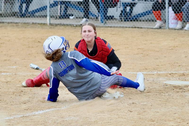 Kewanee catcher Kieryn Abernathy puts the tag on Princeton's Taylor Compton Thursday at Little Siberia.