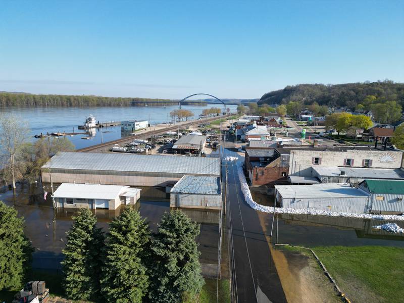 Photos using a drone taken by and provided by the Carroll County Sheriff's Office show Mississippi River at Savanna on Monday, April 24, 2023. Waters are expected to crest sometime around May 1.