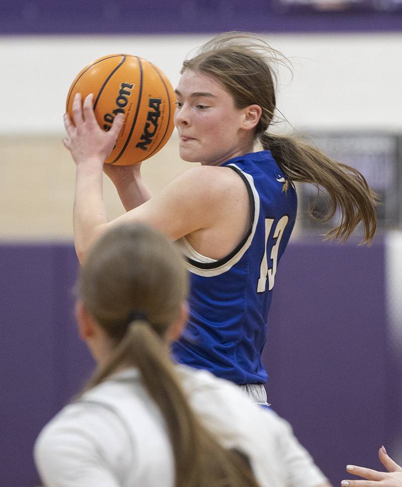 Geneva’s Linnea Popp looks to make a play against Kaneland Monday, Feb. 16, 2026, in the Class 3A regional semifinals.