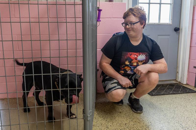 Joe sits next to (dog) Juju on Friday, June 27, 2025 at Loch Countryside Kennel in Peru.