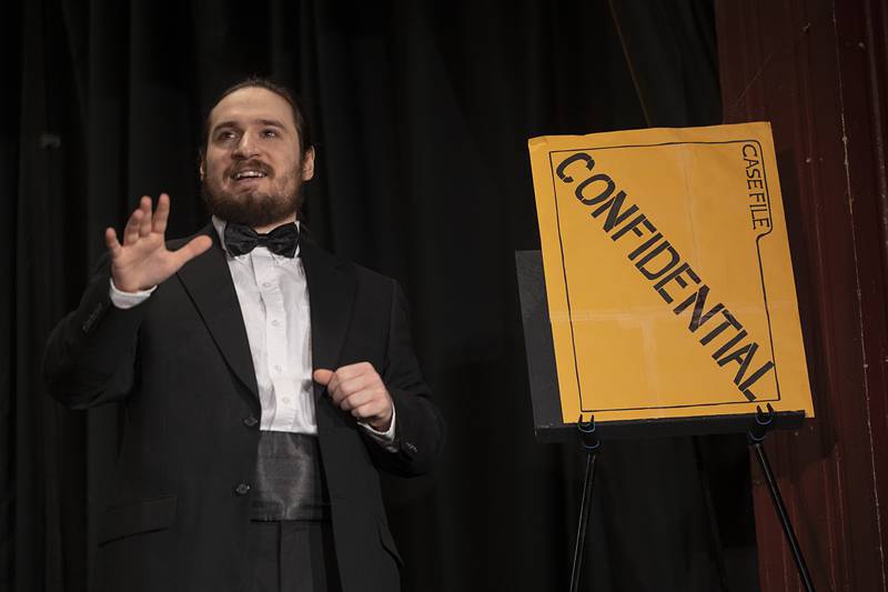 Micah Megill plays the part of the “victim,” Mr. Boddy, in Polo Area Community Theatre’s rendition of Clue the Musical. The interactive musical will be performed May 1, 2, and 8 at 7pm and May 3 and 9 at 2pm at the PACT theater at 117 N. Franklin in Polo.