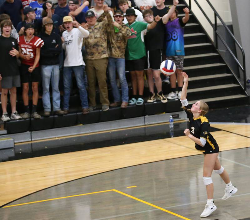 Putnam County's Megan Wasilewski serves the ball as the super fans cheer on Thursday, Sept 7, 2023 at Putnam County High School.