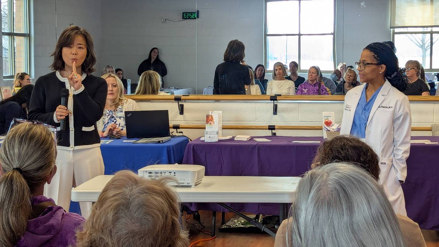 Dr. Hysoo Ka-Widmann, a board-certified a board-certified obstetrician and gynecologist at Silver Cross Hospital in New Lenox, and Dr. Gamilah Pierre, a board-certified obstetrician-gynecologist at Silver Cross Hospital in New Lenox, discuss menopause symptoms and treatments at State Sen. Meg Loughran Cappel’s Women’s Health Care Expo on Saturday, March 21, 2026, at the C.W. Avery Family YMCA in Plainfield.