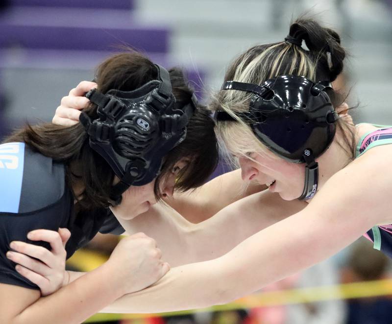 Wheeling’s Isabella Gomez, left, faces off with Woodstock’s Danica LaTessa at 120 pounds in IHSA Regional wrestling semifinal action on Saturday, Feb. 1, 2025, at  Hampshire High School  in Hampshire.