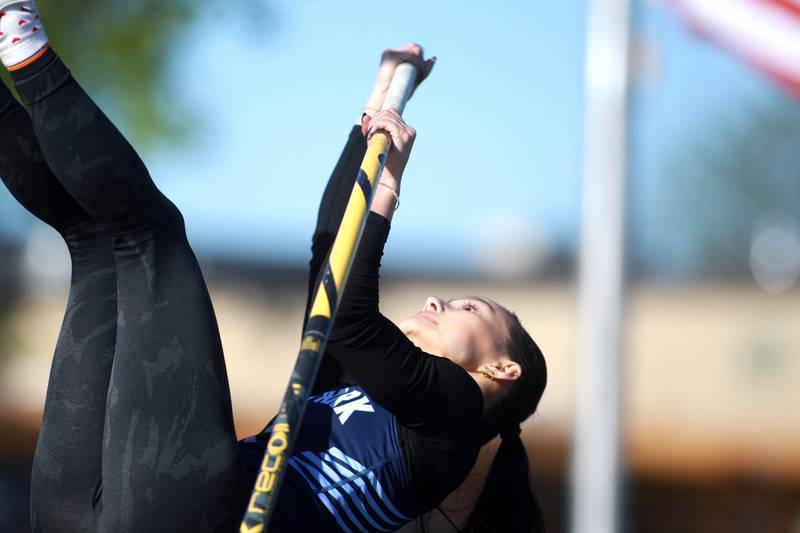 Lake Park’s Eva Bach competes in the pole vault during the DuKane Conference Girls Outdoor Championship on Thursday, May 8, 2025 at Glenbard North in Carol Stream.