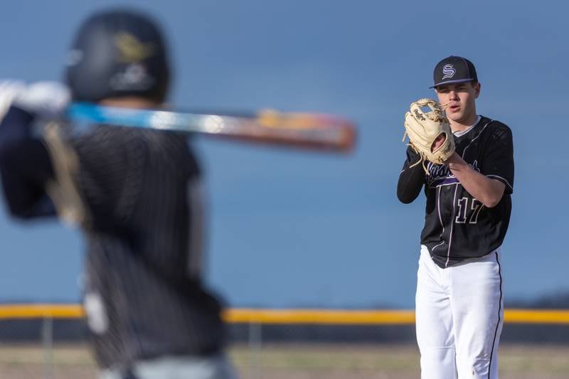 Beau Raikes of Serena stares down batter before pitch on Monday, April 7, 2025 at Serena High School in Serena.