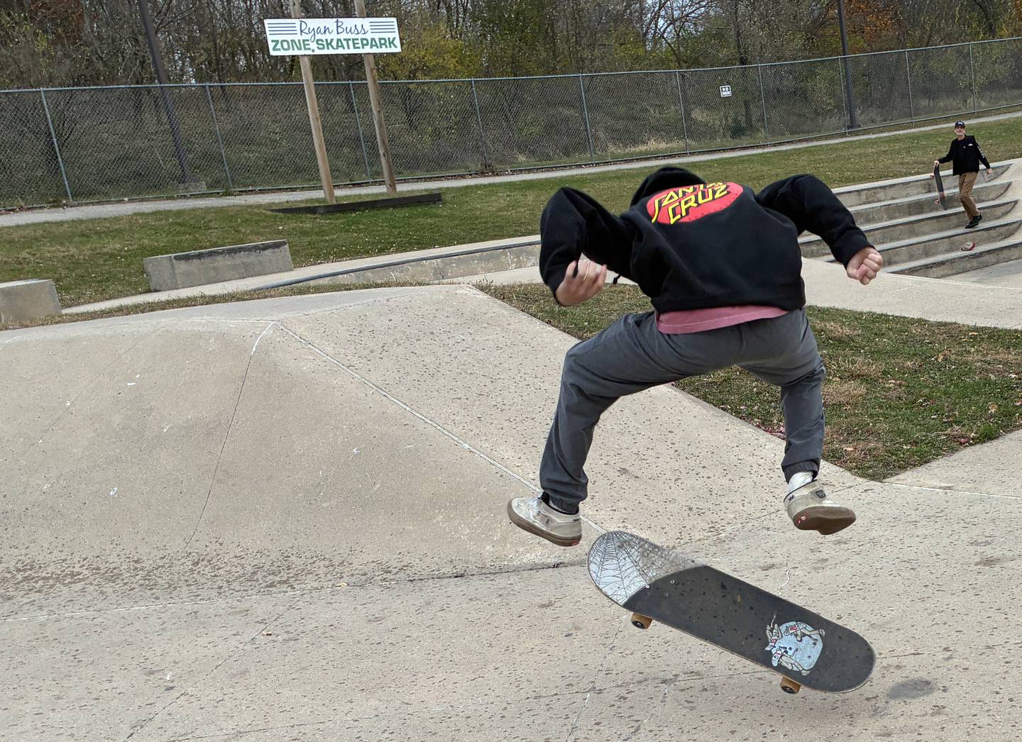 Sid Fox, 12, one of the partners in McHenry-based CALiCO Skateboards, on Monday, Nov. 17, 2025, at McHenry's Ryan Bus Zone Skate Park.