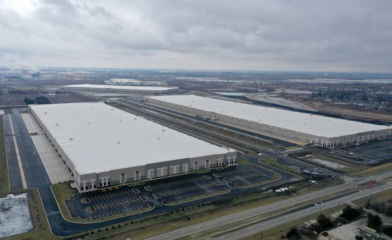 An aerial view of distribution centers for the NorthPoint group near the intersection of Noel Road and Illinois Route 53 on Tuesday, Jan. 30, 2024 in Elwood. NorthPoint is developing the Third Coast Intermodal Hub, a warehouse development of more than 2,000 acres stretching from Joliet to Elwood.