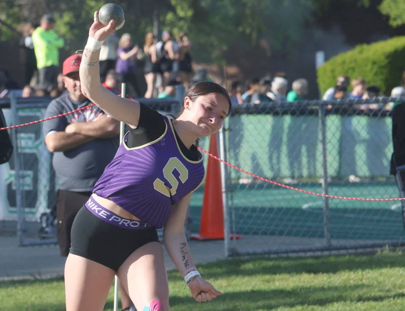 Serena's Madilyn Sterchi throws shot put during the Class 1A Sectional meet on Thursday, May 14, 2026 at Seneca High School.