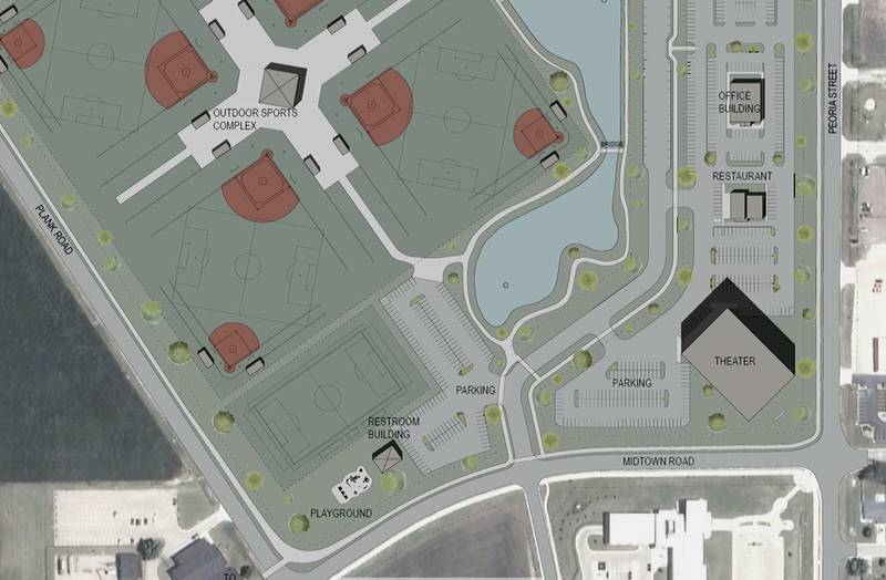 A drawing showing the close up of the southwest corner of Plank Road and Midtown Road was shared Monday, Sept. 23, 2024, to give residents an idea of how a multi-faceted sports complex and city center may be laid out in Peru. This area would have multi-use baseball, soccer and football fields. The regional sports complex and city center, will be equipped with not only sports facilities, but also a retail plaza, amphitheater, residential housing, restaurants and a hotel. These are not final plans.