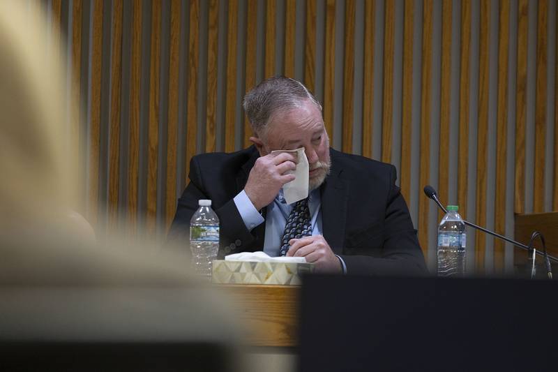 Retired Sterling Fire Chief Michael Dettman wipes away a tear during testimony Wednesday, Nov. 12, 2025, during the Ramos wrongful death trial in Whiteside County Court.