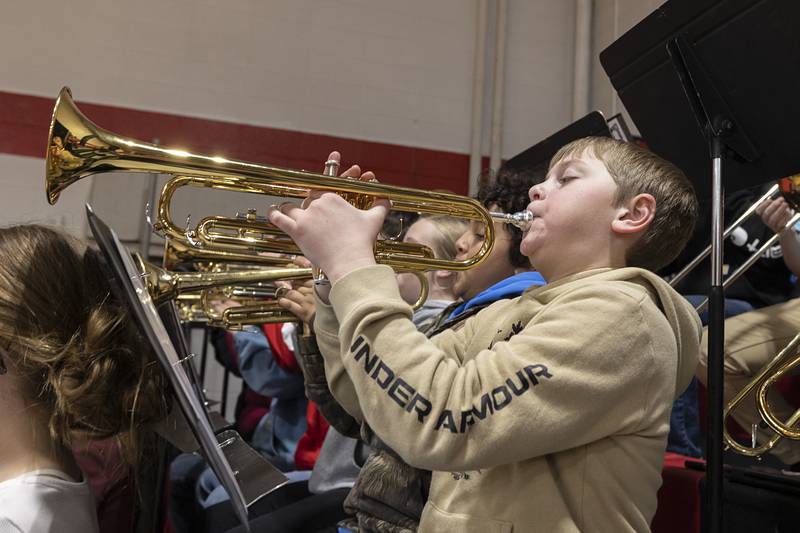 Amboy Junior High Pep Band members entertain the crowd Tuesday, Feb. 3, 2026, at a fifth and sixth grade girls basketball game.
