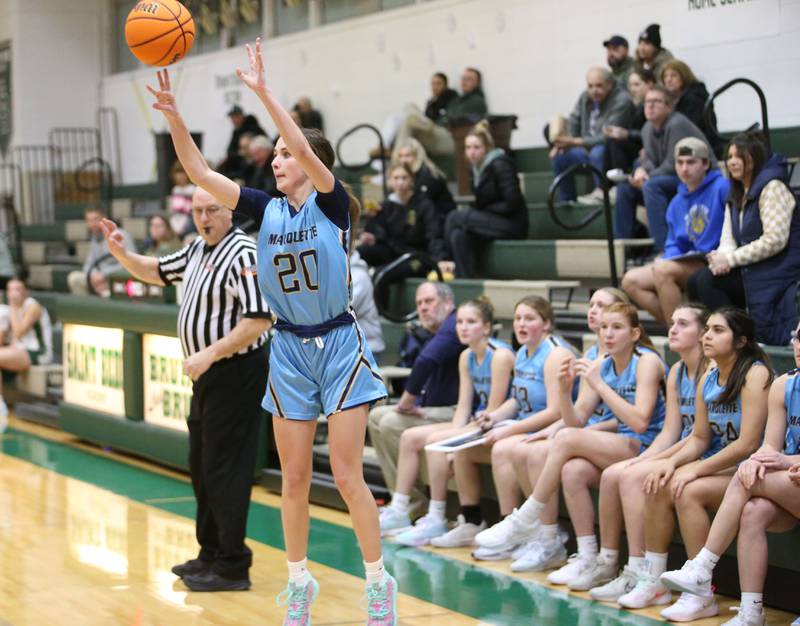 Marquette's Kaitlyn Davis shoots a three-point basket against St. Bede in a game this past season at St. Bede Academy.