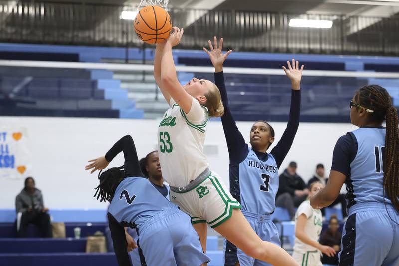 Providence’s Landrie Callahan draws the shooting foul against Hillcrest in the Class 3A Hillcrest Sectional championship game on Thursday, Feb. 26, 2026 in Hillcrest.