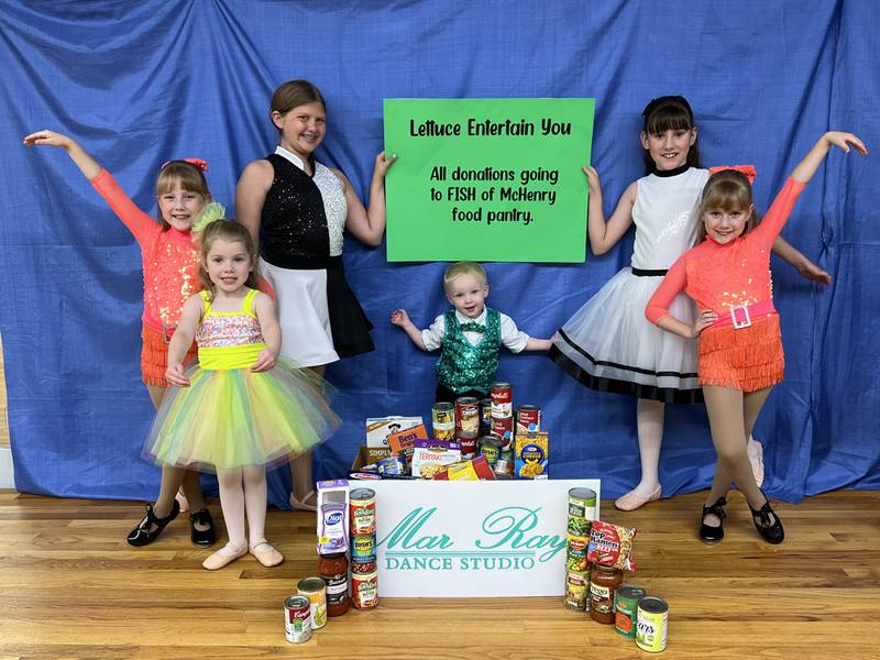 Dancers from Mar Ray Dance Studio in McHenry collected food donations at their recent performance titled “Lettuce Entertain You”. Pictured left to right: Emily Prickett, Brittany Prickett, Mia Henson, Rhys Nixon, Valerie Prickett, Carly Prickett.