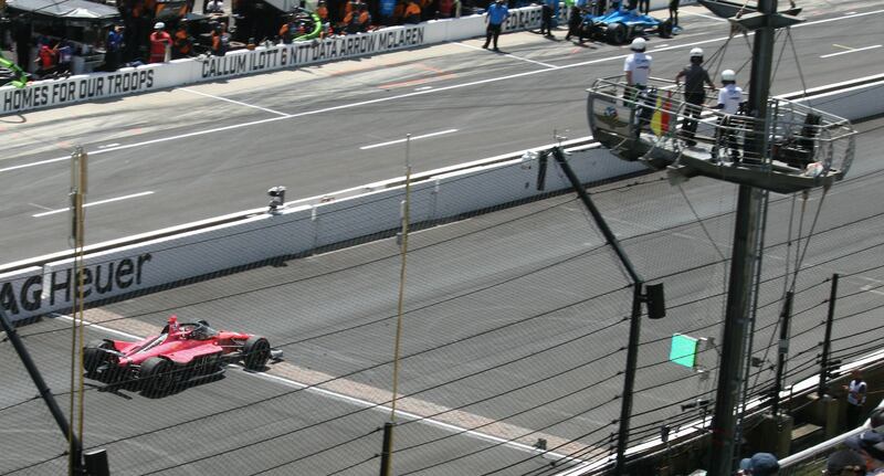 Katherine Legge of Dale Coyne Racing finishes one practice lap and starts another in Friday's final practice for Sunday's rain-threatened Indianapolis 500.