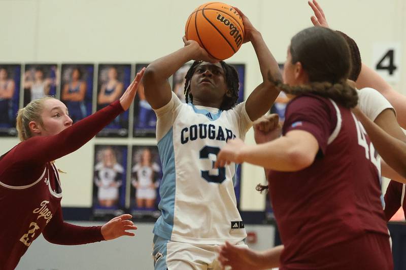 Plainfield South’s Laniya Wills puts up a shot against Plainfield North on Thursday, Jan 9, 2025.