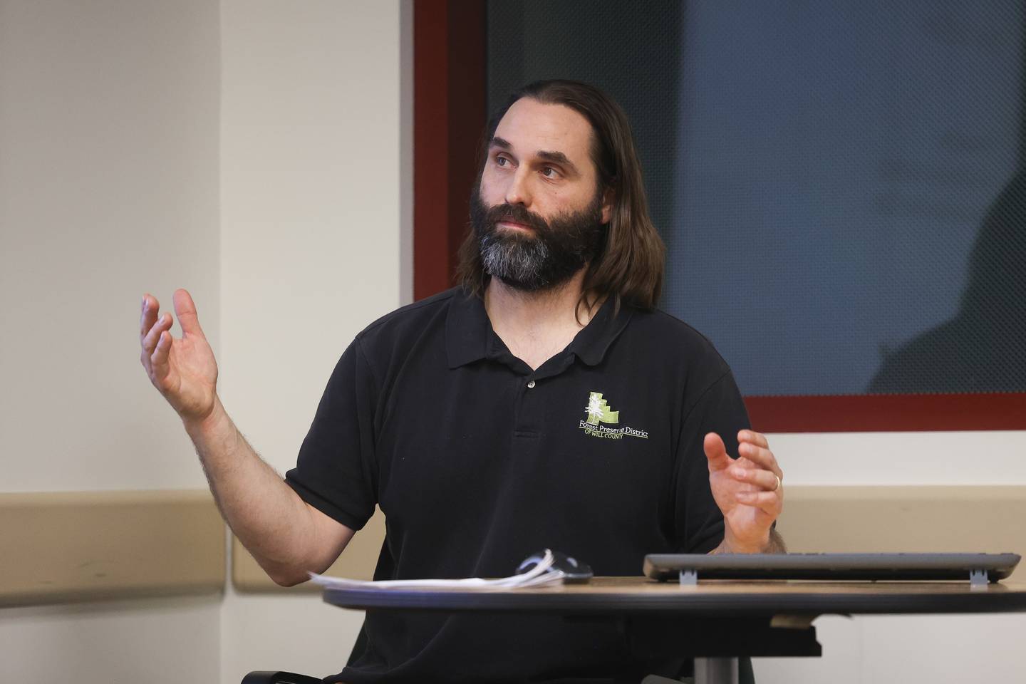 Forest Preserve District Will County Ecological Coordinator Nick Budde leads an educational event on controlled burns at Sugar Creek Administration Center in Joliet on Thursday, Jan 30, 2025.