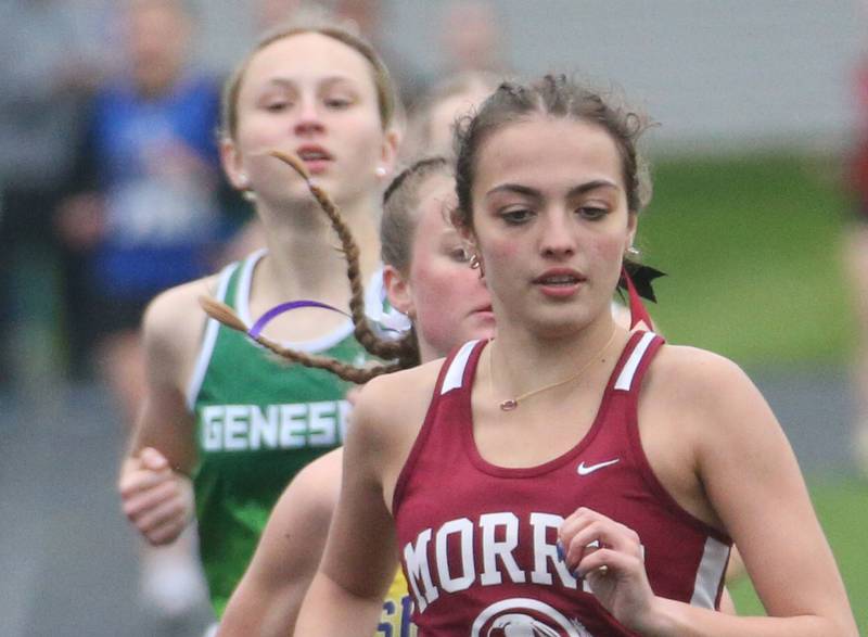 Morris's Leah Ortiz runs the 3200 meter race during the Class 2A girls track and field Sectional on Thursday, May 9, 2024 in Princeton.