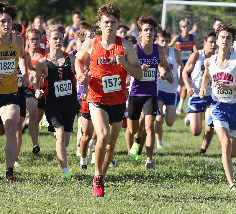 DeKalb's Riley Newport is off to a good start in the boys race Tuesday, Aug. 30, 2022, during the Sycamore Cross Country Invitational at Kishwaukee College in Malta. Newport went on to win the race.