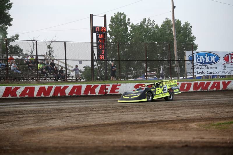 Billy Knippenberg III runs a qualifying hot lap in the pro late model division at Kankakee County Speedway Wednesday, June 11, 2025.