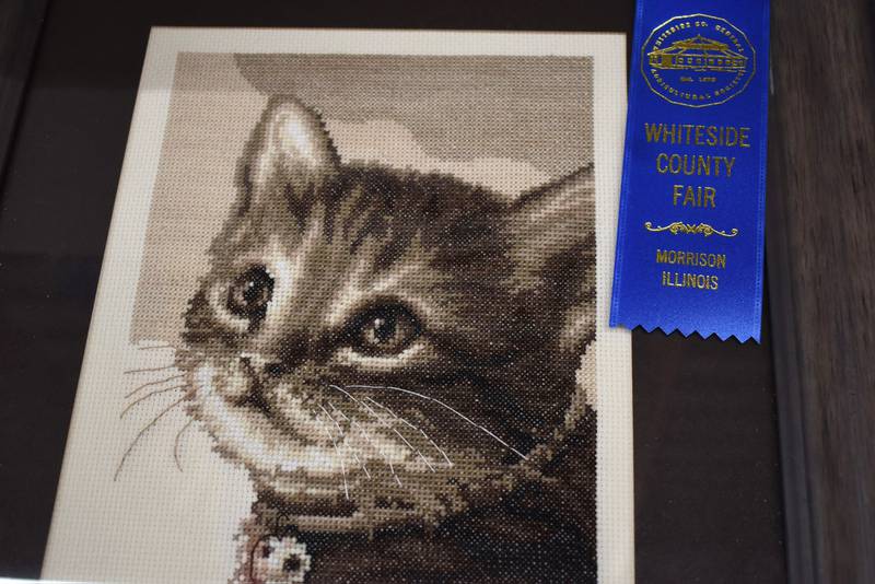 One of the cross stitch winners at the Whiteside County Fair was a cat by Judith Ross of Camanche, Iowa.