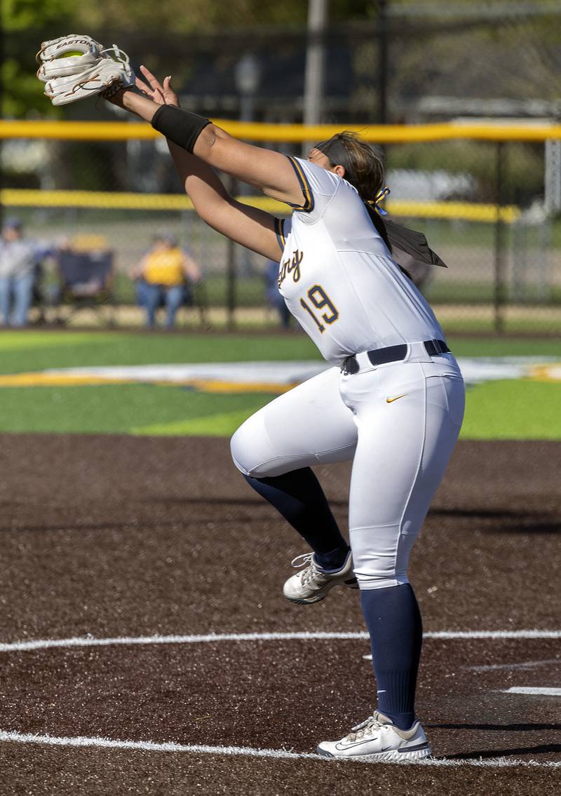 Sterling’s Lily Martinez snags a liner back up the middle against Alleman Thursday, May 8, 2025.