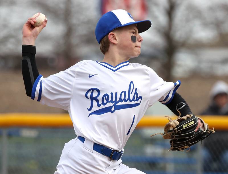 Hinckley-Big Rock’s Travis Herrmann delivers a pitch during their game against Polo Thursday, April 3, 2025, at Hinckley-Big Rock High School.
