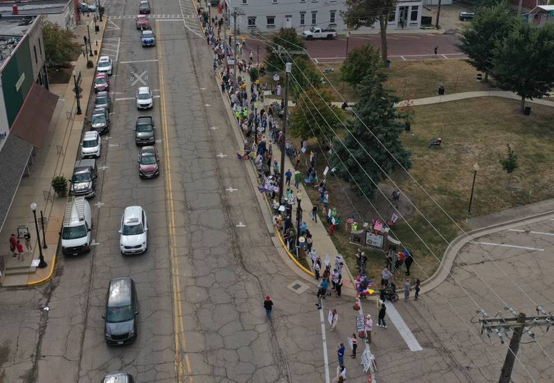 Hundreds gather at Rotary Park during the No Kings protest on Saturday, Oct. 18, 2025 in Princeton.