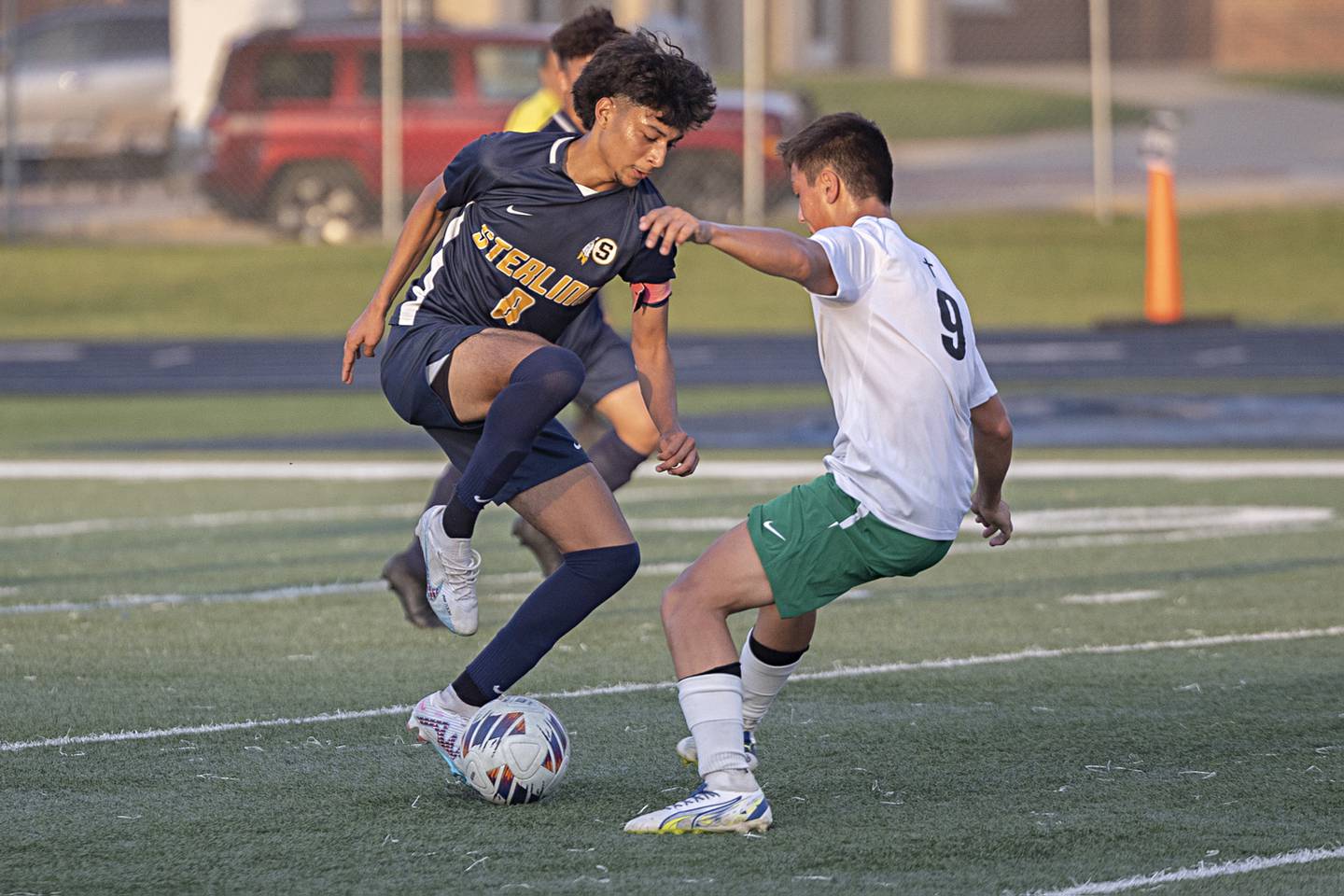 Sterling’sDaniel Bermudez handles the ball against Alleman’s Adam Jacks Tuesday, Sept. 19, 2023 at Sterling High School.