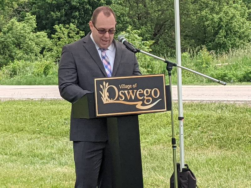 Oswego Village President Ryan Kauffman spoke during a June 2 groundbreaking ceremony for the Minkler Road Bridge replacement and realignment project.
