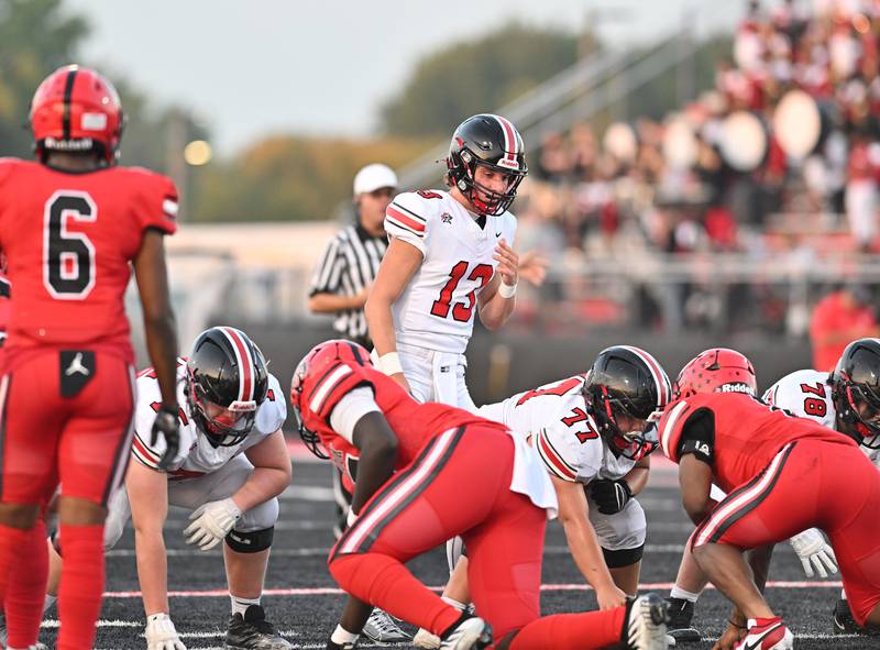 Lincoln-Way Central's Michael Kuehl comes to the line of scrimmage during a non-conference game against Bolingbrook on Friday, Sep. 29, 2023, at Bolingbrook. (Dean Reid for Shaw Local News Network)