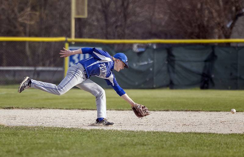 Princeton’s Nolan Kloepping has a ball zip by him against Newman Thursday, April 10, 2025.