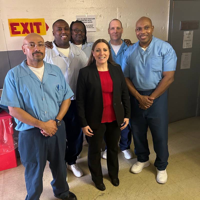 State Senator Rachel Ventura recently conducted interviews at Stateville Correctional Center to renew and expand her internship program in partnership with DePaul University. Ventura is pictured with new Stateville interns Joseph Dole, Raul Dorado and Eric Watkins and former Stateville intern Lynn Green.