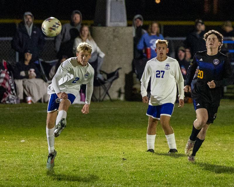 Travis Herrmann (2) of Hinckley-Big Rock punts ball towards teammate during the Little Ten Conference Championship match on Thursday, Oct. 9, 2025 at Hinckley-Big Rock School in Hinckley.
