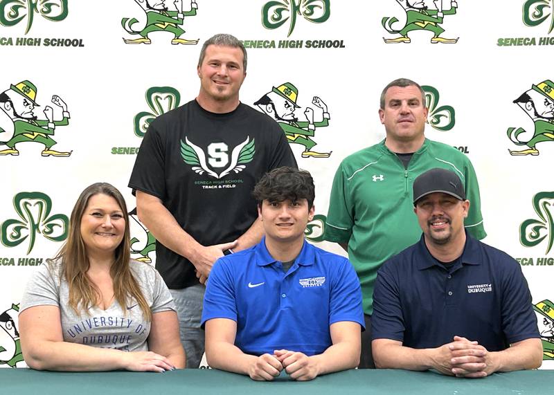 Seneca’s Nathan Grant has signed on to continue his education at the University of Dubuque in Dubuque, Iowa, and his football career at the NCAA Division 3 level with the Spartans. Grant, a quarterback/defensive back for the Fighting Irish and the 2022 Times Football Player of the Year, was also a first-team member of the 2023 Times All-Area Football Team. Pictured at his signing ceremony are (front row from left) Jamie Grant, Nathan Grant and Jonathan Grant; (back row from left) Terry Maxwell and Ted O’Boyle.