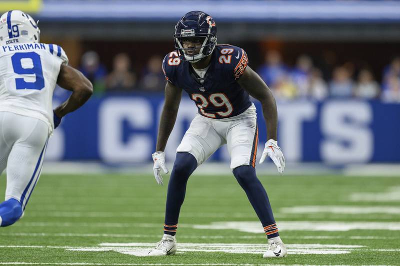 Chicago Bears defensive back Tyrique Stevenson lines up on defense against the Indianapolis Colts, Saturday, Aug. 19, 2023, in Indianapolis.