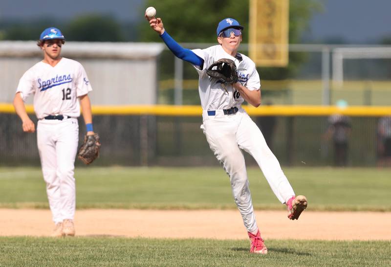 St. Francis' Zach Maduzia makes a throw on the run during their Class 3A regional semifinal game against Sycamore Thursday, June 1, 2023, at Kaneland High School in Maple Park.