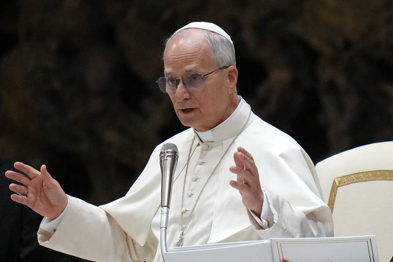 Pope Leo XIV holds his weekly general audience in the Paul VI Hall at the Vatican, Wednesday, Jan. 7, 2026. (AP Photo/Alessandra Tarantino)