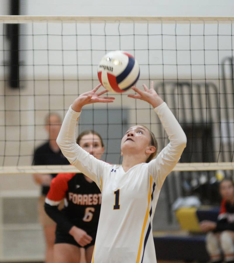 Polo's Brylee Laskowski sets the ball during a Wednesday, Aug. 28, 2024 match with Forreston at Polo High School.