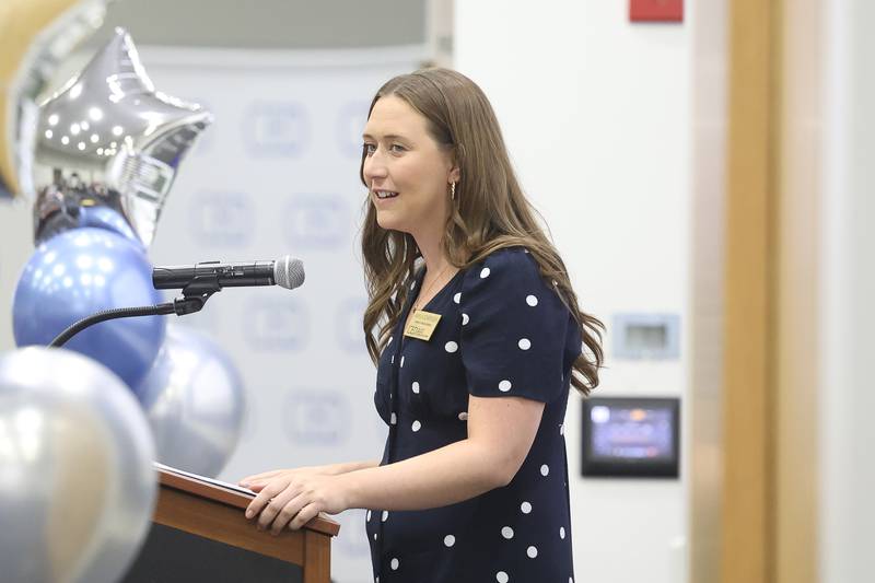 Kayla Sorensen, Will County Center for Economic Development Director of Investor Relations, speaks at the celebration of the first Will County Summer Internship Program organized by the Will County Center for Economic Development on Wednesday, Aug. 7, 2024 in Joliet.