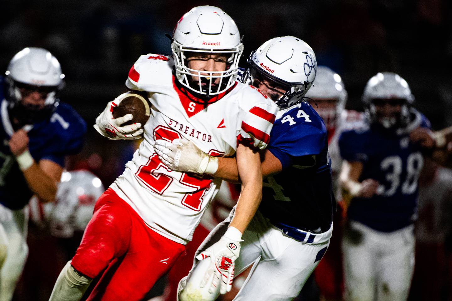 Wilmigton's Declan Moran tackles Streator's Quintin Stevens during a game on Friday Oct. 10, 2025 at Wilmington High School