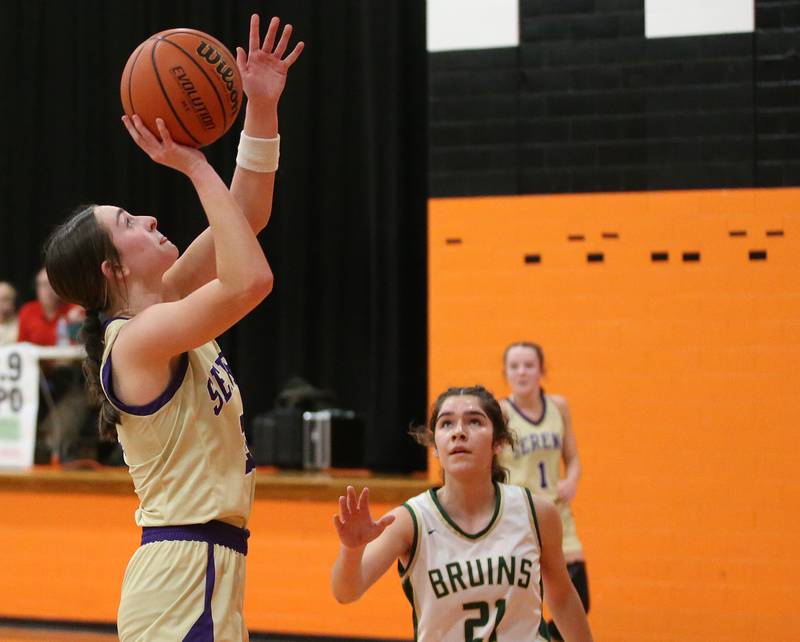 Serena's Makayla McNally eyes the hoop over St. Bede's Lily Bosnich during the Class 1A Sectional final game on Thursday, Feb. 22, 2024 at Gardner-South Wilmington High School.