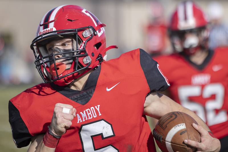 Amboy’s Ed Fry runs the ball against West Central Saturday, Nov. 2, 2024, in the 8-man football league first round playoffs.