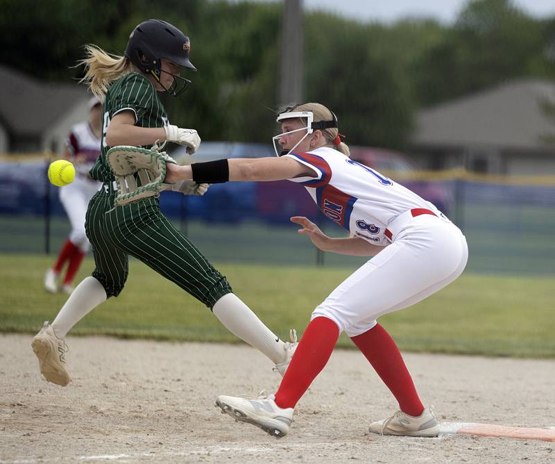 West Carroll’s Brydan Zink tries to get back to first but is doubled up by Morrison’s Sophie Damhoff Tuesday, May 19, 2026, at the Class 1A softball regionals at Newman.