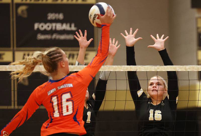 Sycamore's Grace Lichardt (left) and Jaycie Funderburg try to block Genoa-Kingston's Alayna Pierce during their match Monday, Aug. 28, 2023, at Sycamore High School.