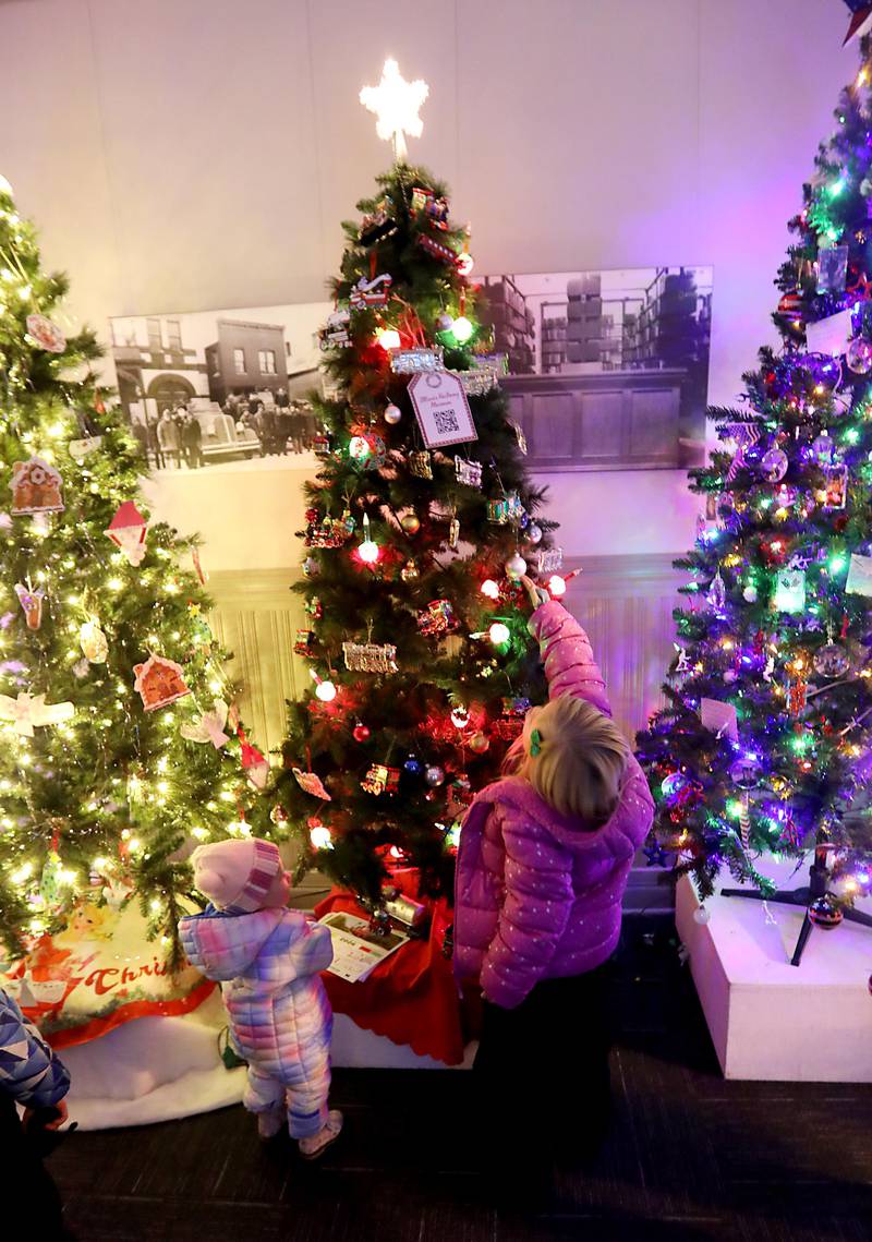 Children look at a tree during the Opera House Christmas Tree Walk before the Lighting of the Square on Friday, Nov. 28, 2025, in Woodstock.The annual holiday season event featured brass music, caroling, free doughnuts and cider, food trucks, festive selfie stations and shopping.