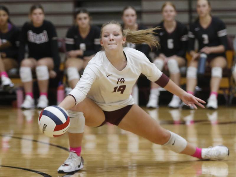 Prairie Ridge's Tegan Vrbancic tries to dig the ball during a Fox Valley Conference volleyball match against Huntley on Tuesday, Oct. 14, 2025, at the Prairie Ridge High School in Crystal Lake.